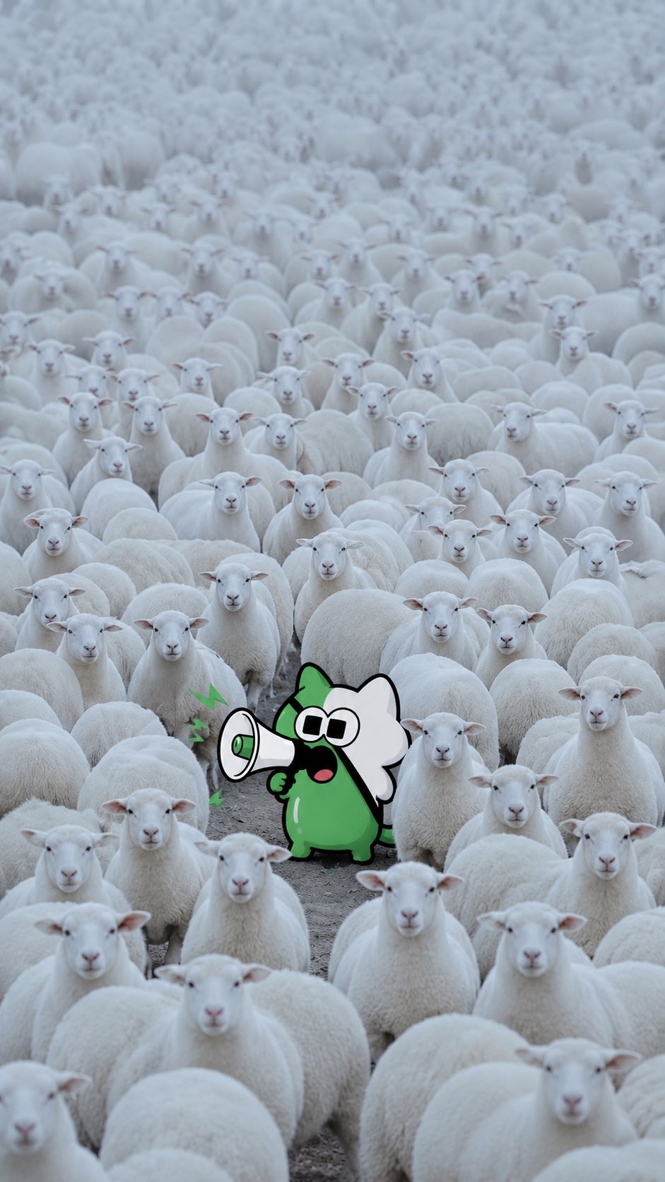 One green cat with a megaphone in a flock of sheep